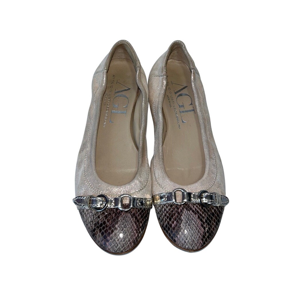 AGL Attilio Giusti Leombruni Women's Cap Toe Ballet Flats Powder‎ Snakeskin 37.5